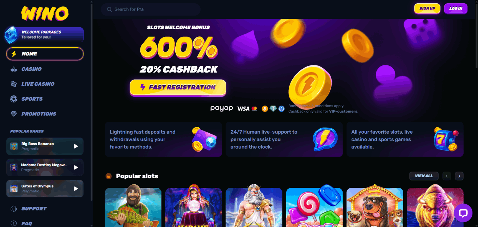 Wino Casino Main Page