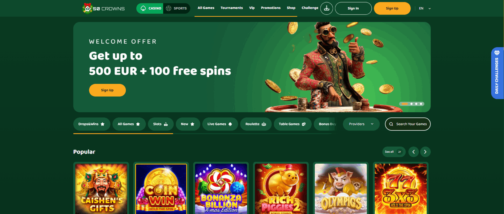 50 Crowns Casino Main Page