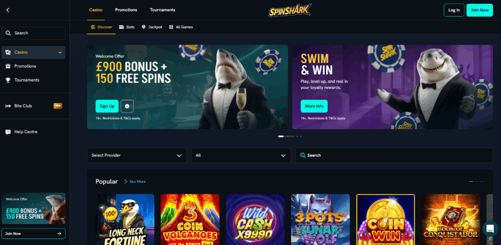 Spinshark Casino main page